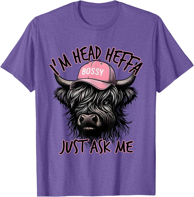 Cool Funny Gag Gifts Design Tee for Men Women I'm Head Heffa Just Ask Me Bossy Highland Cow Baseball Cap T-Shirt - Purple