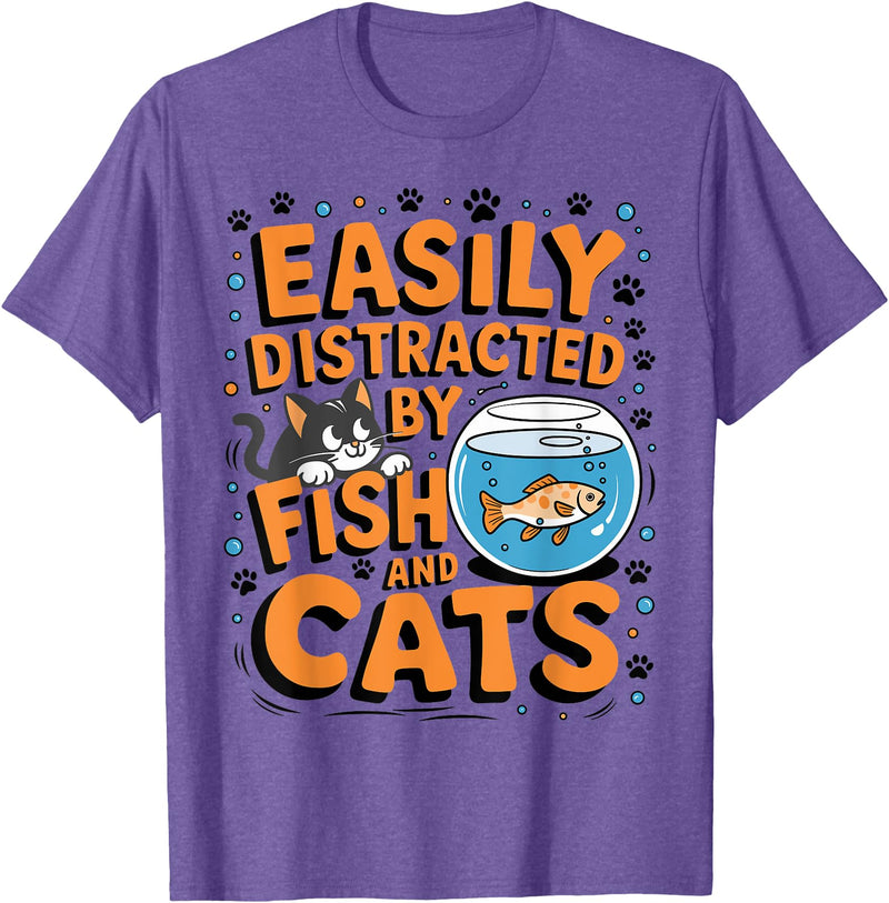 Easily distracted by Apparel Easily Distracted by Fish and Cats T-Shirt - Purple Heather