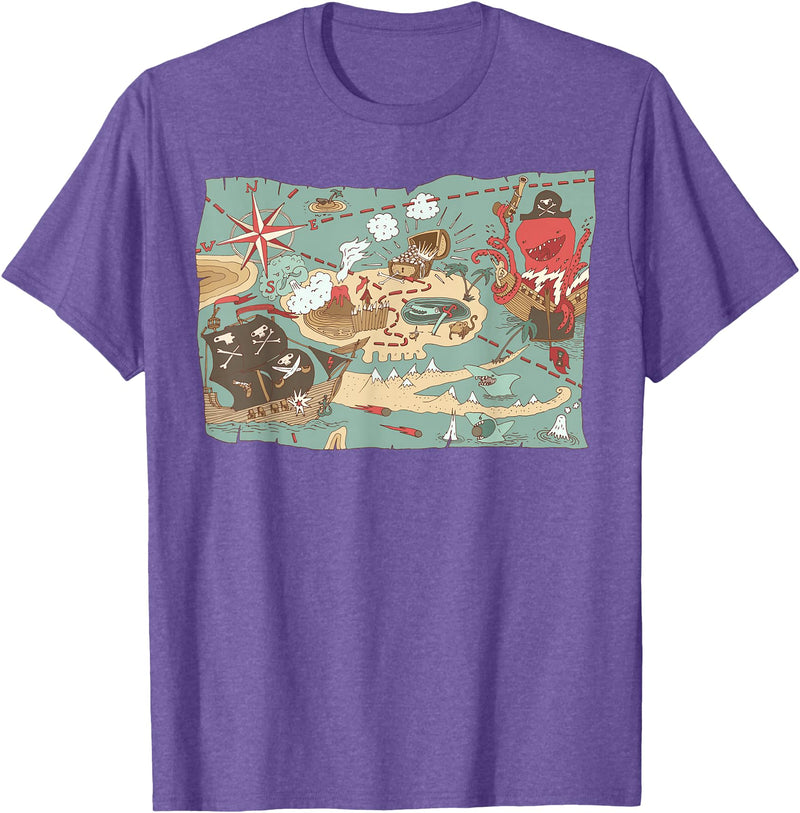 Mel & Bear Treasure Map Ship Sharks Pirates & Skulls Shirt Boys Kids T-Shirt - Purple Heather