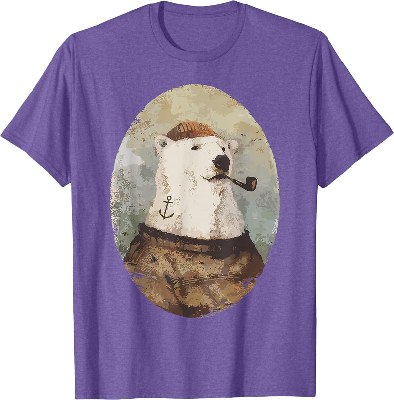 Polar bear Sailor Oil paint Inspired Cool Captain Polar Bear T-Shirt - Purple Heather