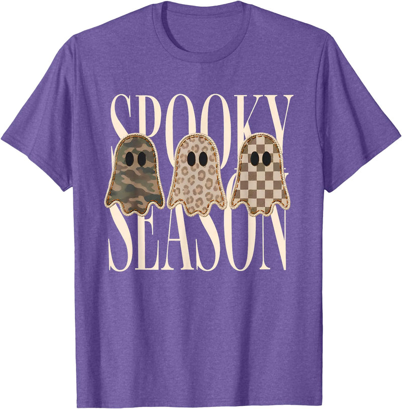 Spooky Season Ghost Halloween Shirt Spooky Season Leopard Camo Checkered Ghost Halloween Fall T-Shirt - Purple Heather