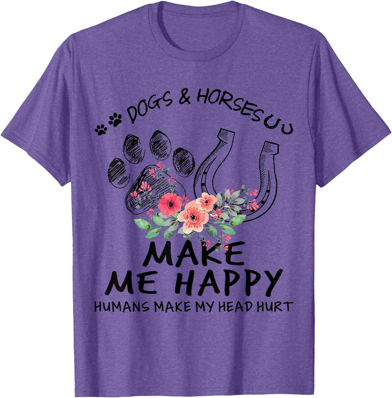 Dogs Horse Lover Tee Dogs & Horses Make Me Happy Floral Funny Gift For Women T-Shirt - Purple Heather