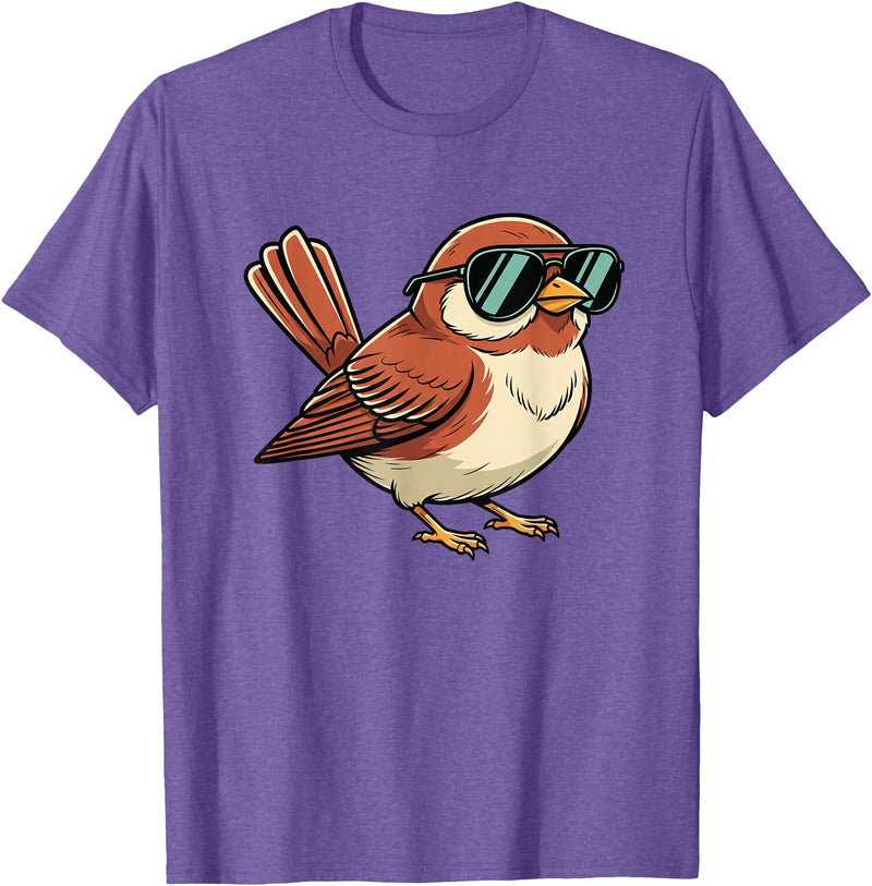 Chipper Feather Co Bird: Sparrow in Sunglasses, Cool Cartoon Avian Attitude T-Shirt - Purple Heather