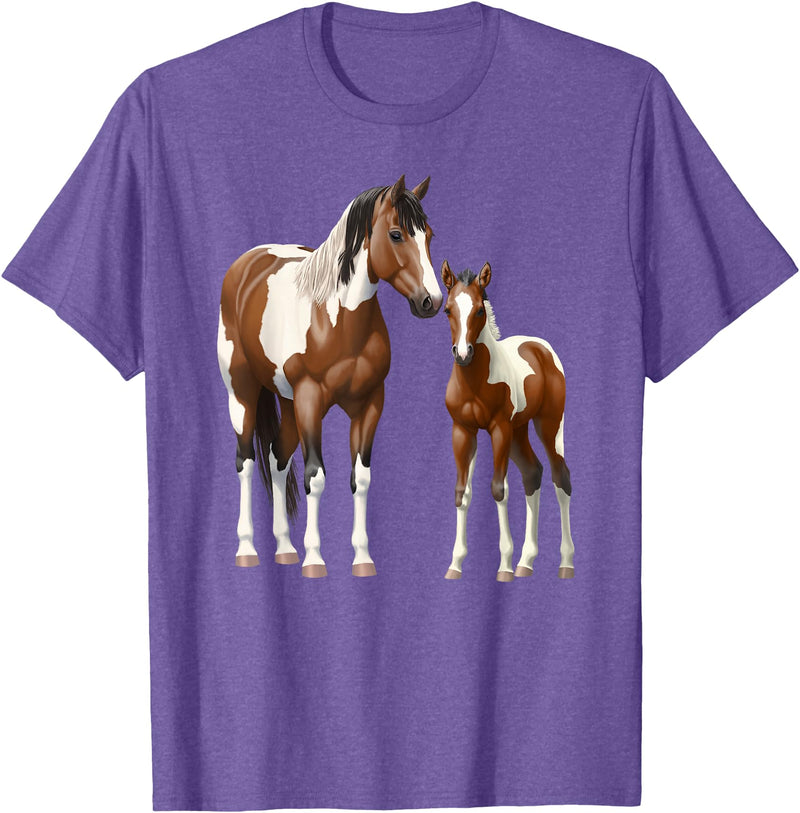 Horse Lover Shirts by CSForest Beautiful Brown Pinto Bay Paint Horse Mare & Foal T-Shirt - Purple Heather