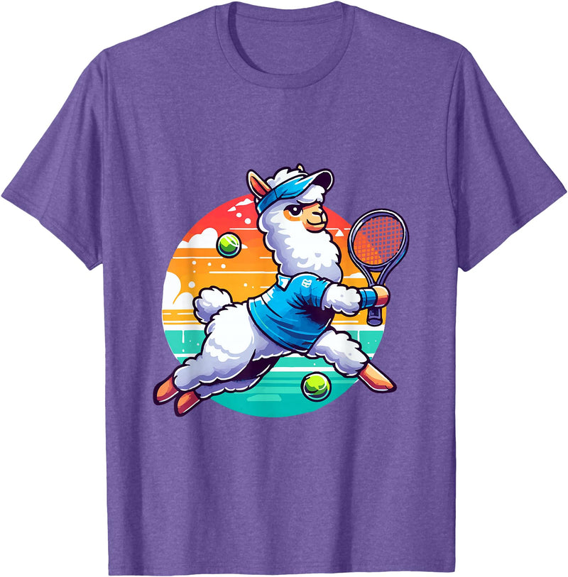 Funny Cute Animals Playing Tennis Apparel Llama Playing Tennis in Front of a Sunset T-Shirt - Purple Heather