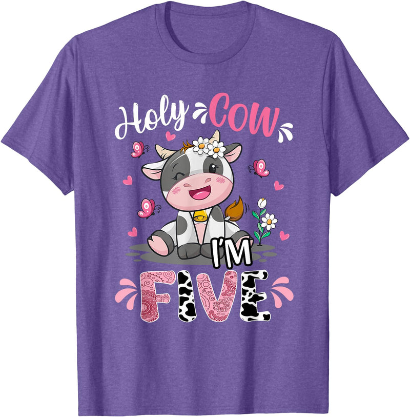 Cow Themed Birthday Party Supplies For Girl 5th Holy Cow I'm Five 5 Years Old 5th Birthday Girl Outfit T-Shirt - Purple