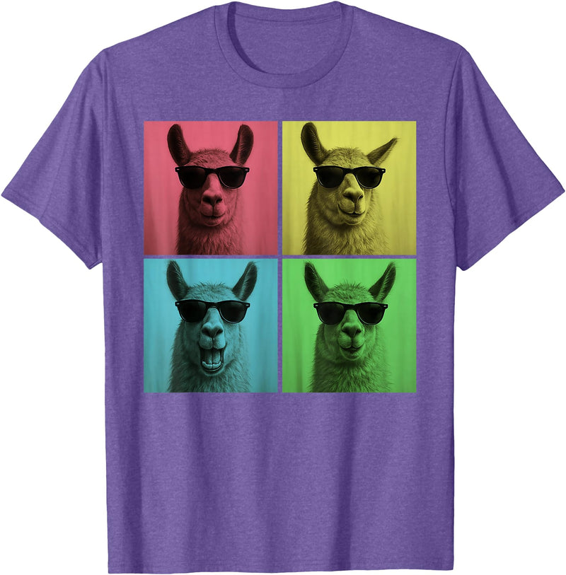 Retro Cute Llama Portrait with Sunglasses Llama Funny Pop Art Llama Lover Photo Booth T-Shirt - Purple Heather