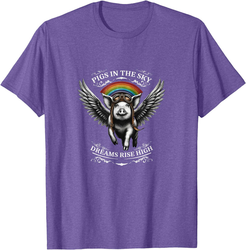 Schwein im Himmel – Träume steigen hoch Flying Pig with Wings in the Sky T-Shirt - Purple Heather