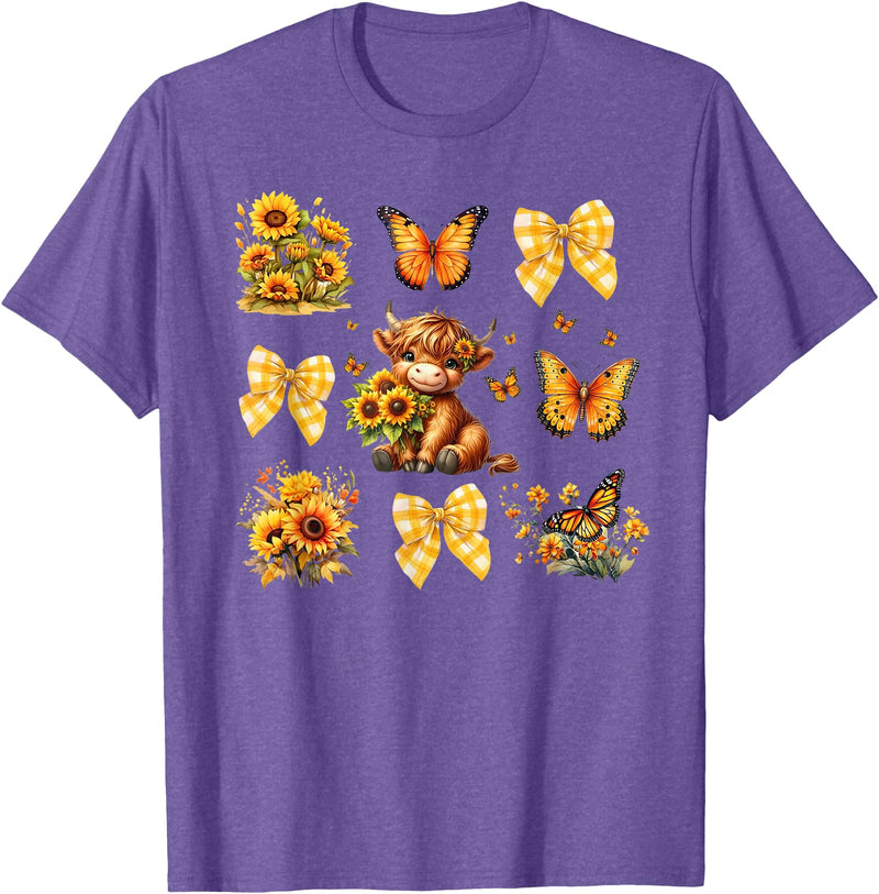 Coquette Bow Scottish Highland Cow Sunflower Shirt Baby Highland Cow With Sunflower Butterflies Farm Western T-Shirt -