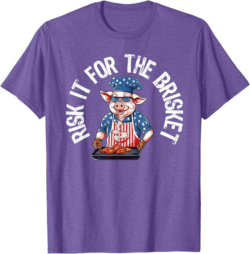 Funny Grill Pig Barbeque Pitmaster Designs for Men Risk It For The Brisket Funny Pig Grilling Barbecue Pork BBQ T-Shirt - Purple Heather