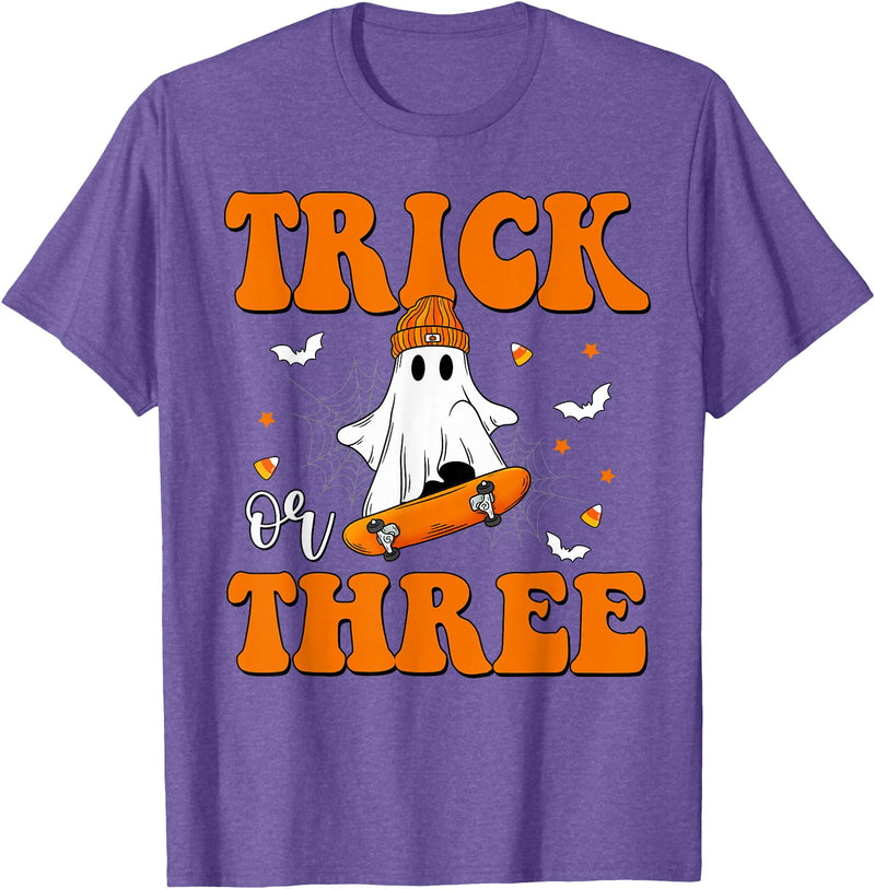 3 Year Old Boy Birthday Gift For Spooky Boys Kids Trick or Three 3rd Halloween Birthday Ghost Skateboarding T-Shirt - Purple