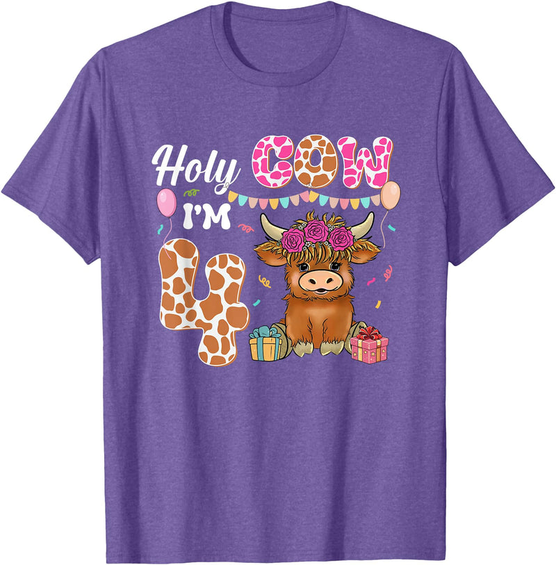 Holy Cow I'm 4 Highland Cow 4th Birthday Holy Cow I'm 4 Highland Cow Farming 4th Birthday 4 Years Old T-Shirt - Purple