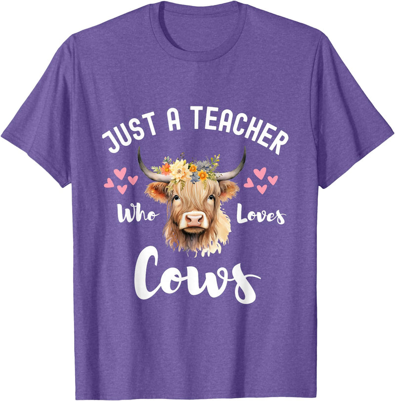 Just A Teacher Who Loves Cows Shirt, Cute Highland Cow T-Shirt - Purple Heather