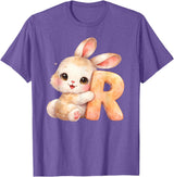 Letter R Rabbit Watercolor Cute Baby Animal Alphabet Initial T-Shirt in Purple Heather