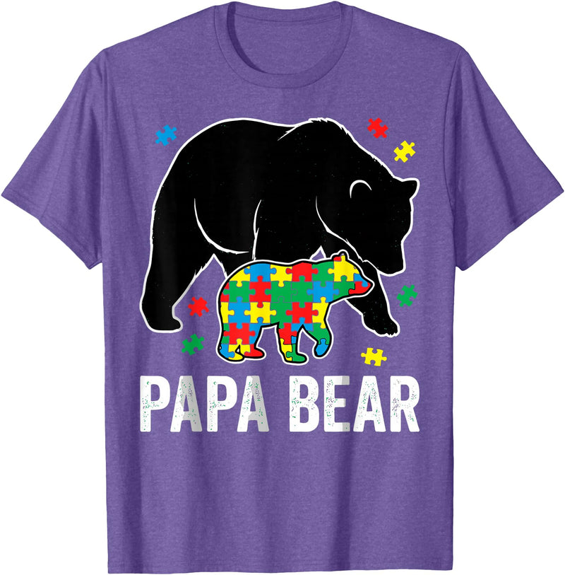 Autism Awareness Neurodiversity Support Apparel Papa Bear Autism Awareness Puzzle Neurodiversity Support T-Shirt - Purple Heather