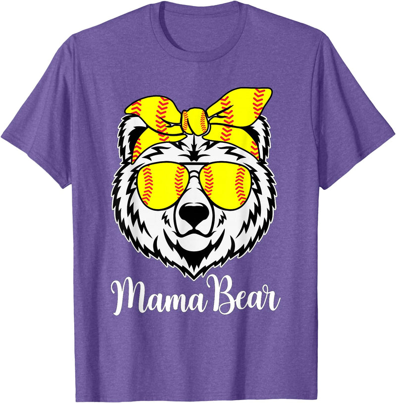 Mama Bear Face Apparel Softball Mama Bear With Sunglasses Bandana Momma Mothers Dy T-Shirt - Purple Heather
