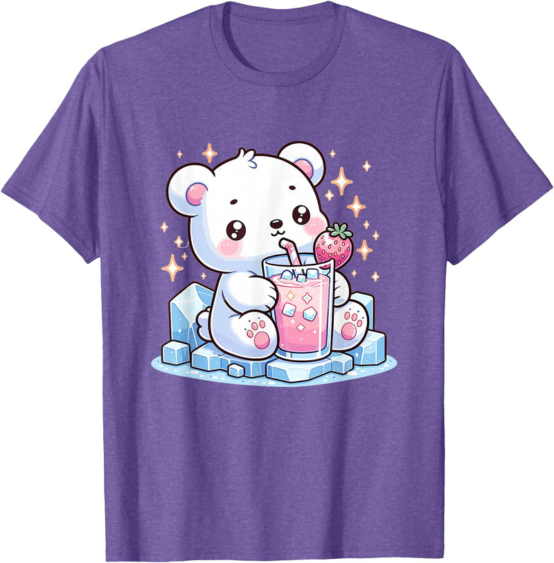 Cute Japanese Kawaii Animals Drinking Milk Co. Cute Kawaii Style Polar Bear Drinking Strawberry Milk T-Shirt - Purple Heather