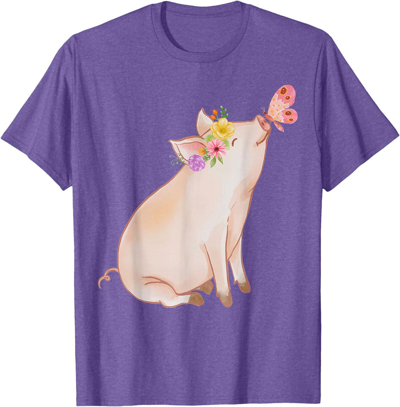 Watercolor Pink Pig With Floral And Butterfly Farm Design T-Shirt - Purple Heather