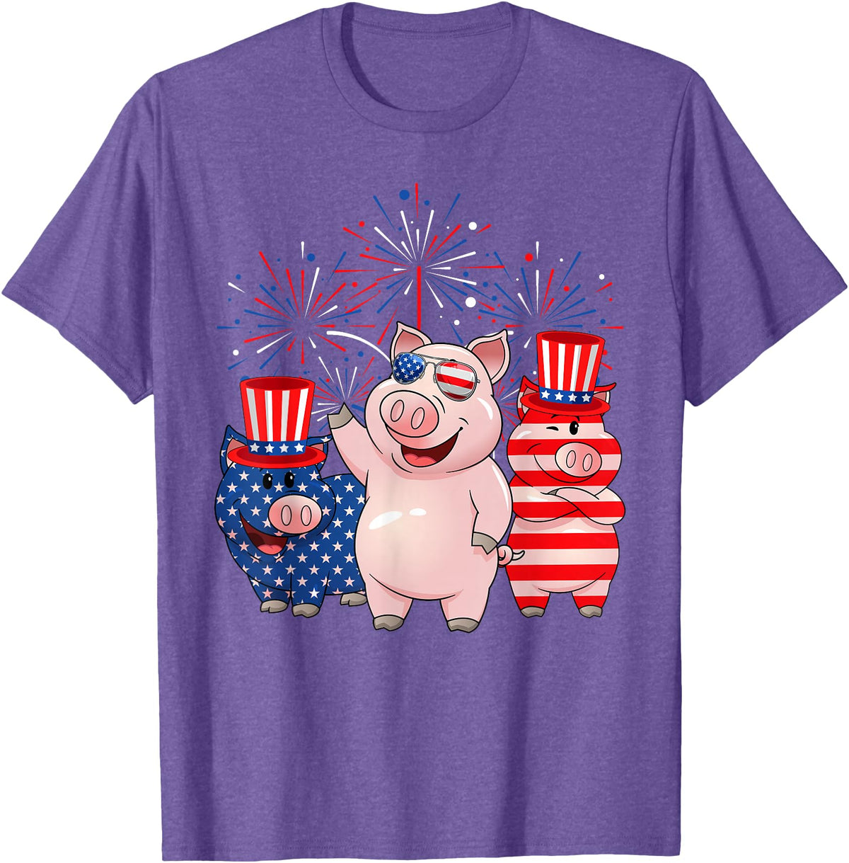 Ohia Three Patriotic Pigs USA Independence Day Tee Funny Red White Blue Pig American Flag Farmer 4th Of July T-Shirt - Purple Heather