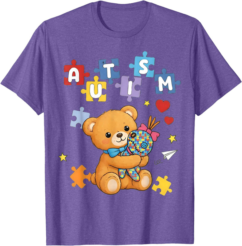 Cute Autism Awareness Puzzle Cute Autism Awareness Bear Colorful Puzzle T-Shirt - Purple Heather