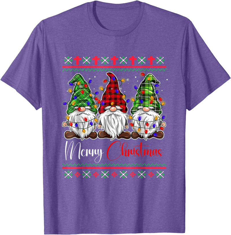 Xmas Lights Gnomes Holiday Graphics Merry Christmas Leopard Buffalo Red Plaid for Men Women T-Shirt - Purple Heather