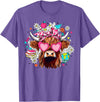 Cute Highland Cow Funny Teacher Life Retro Cute Highland Cow Teacher Bow Flower Heart Glasses T-Shirt - Purple Heather