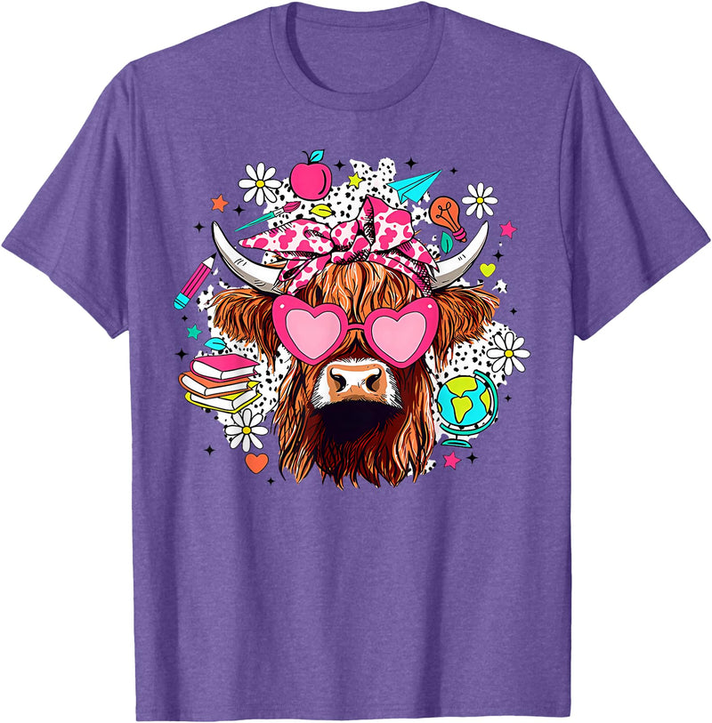 Cute Highland Cow Funny Teacher Life Retro Cute Highland Cow Teacher Bow Flower Heart Glasses T-Shirt - Purple Heather