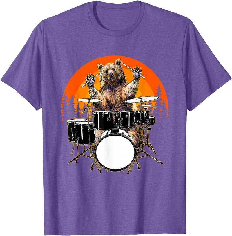 Drum Instrument Drummer Apparel Musical Animal Bear Playing Drums For Drum Lover And Musical Drummer Lover T-Shirt - Purple Heather