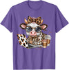 Cute Highland Cow Coffee Addict Cute Cow Leopard Coquette Coffee Lover Girls Women T-Shirt - Purple Heather