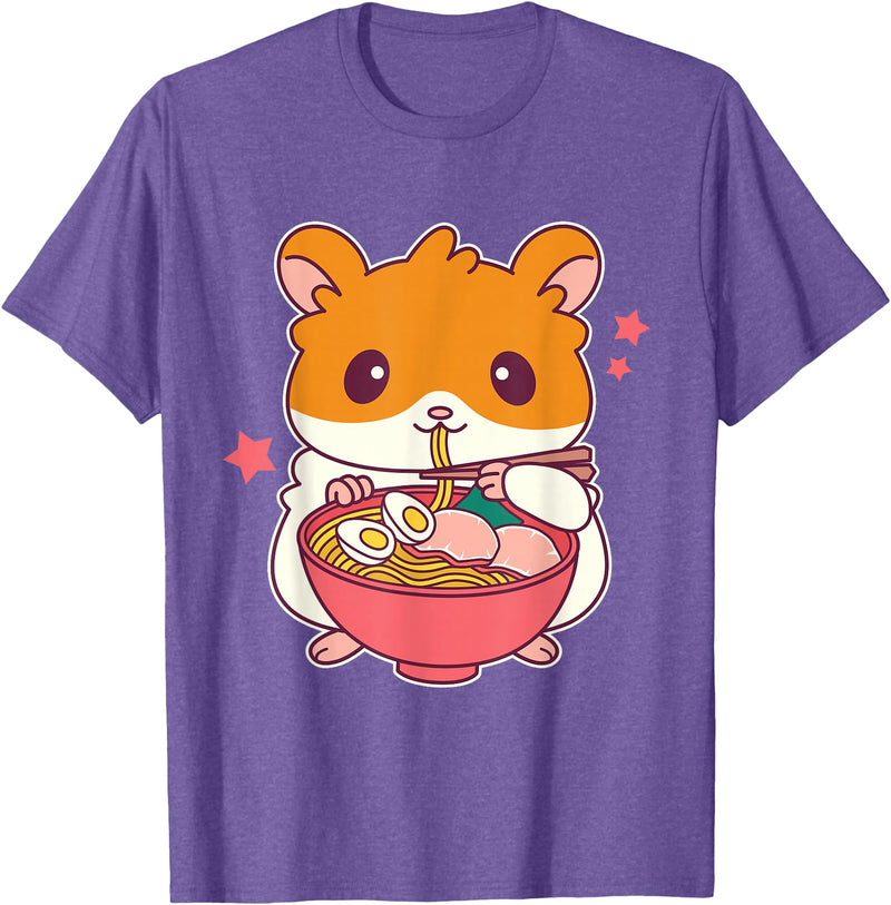 Cute Hamster Eating Ramen Hamster Lovers T-Shirt - Purple Heather