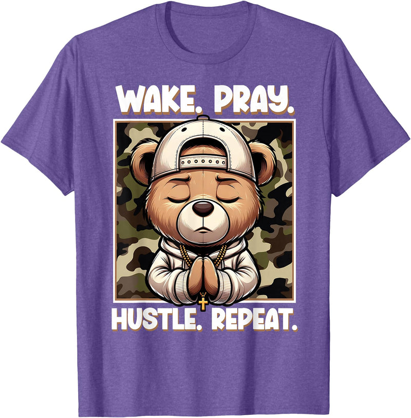 Camouflage Hip Hop Teddy Bear Hustle Grind Designs Wake Pray Hustle Repeat Hip Hop Teddy Bear Boys Teens Camo T-Shirt - Purple Heather