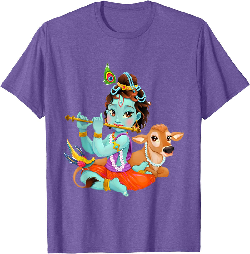 Clever Witty Designs Hindu god Lord Shri Krishna with a Cow and a Bird T-Shirt - Purple Heather