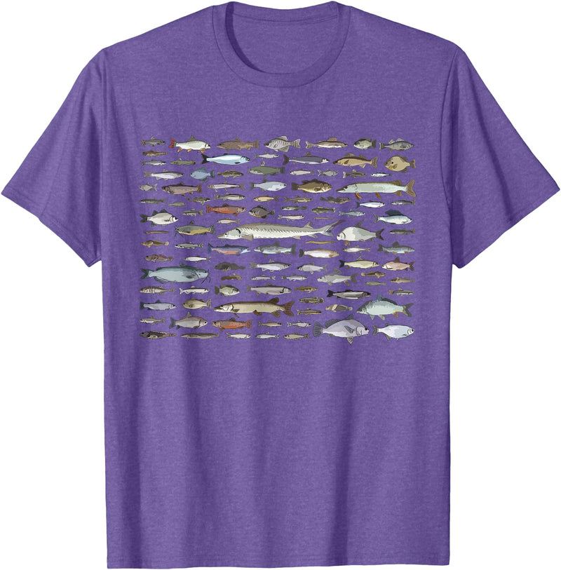 100 Types Of Fish Species Tee 100 Types of Freshwater Fish Species Fishing T-Shirt - Purple Heather