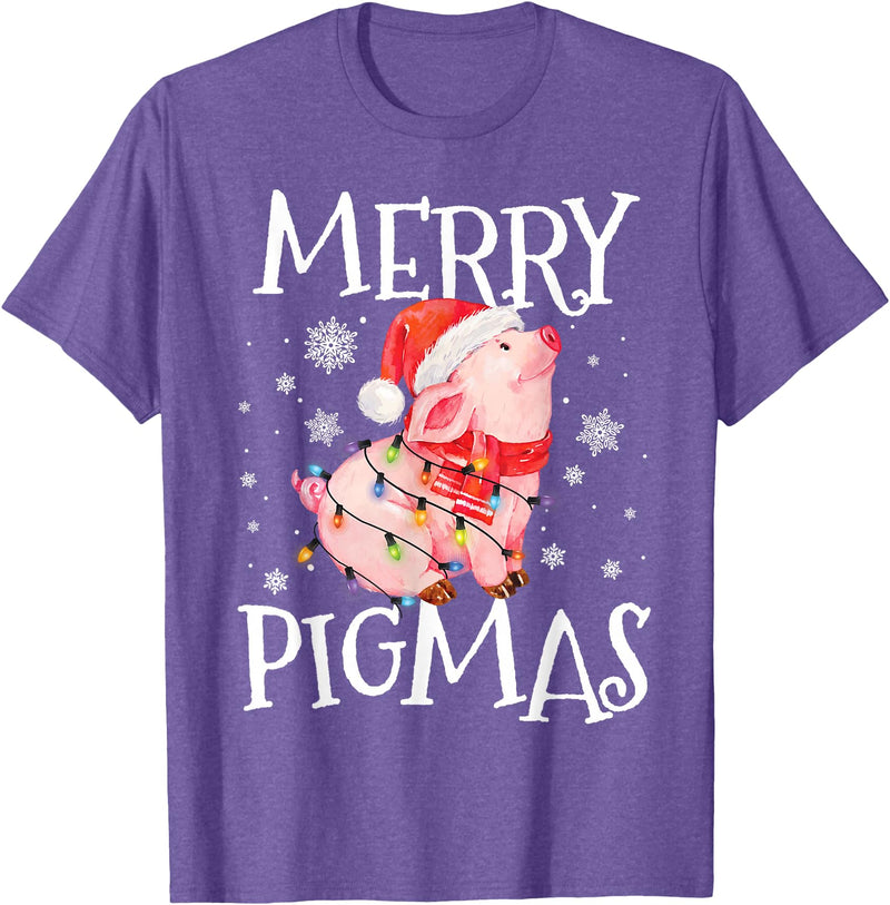 Christmas Funny Gifts Merry Pigmas Funny Pig Christmas Lights Tree Xmas Funny T-Shirt - Purple Heather