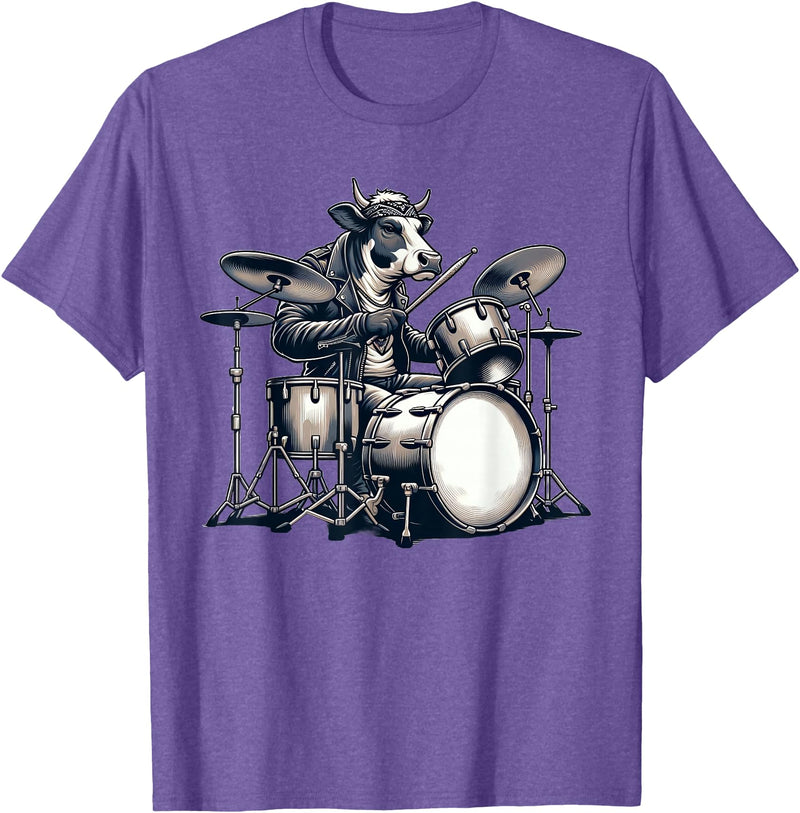 Cute Cow Playing Drums Cow Lover Apparel Cute Cow Playing Drums Cows Drummer Music T-Shirt - Purple Heather