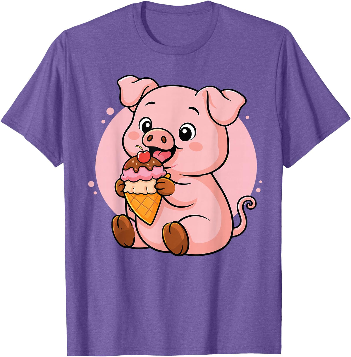 Funny Cute Pig Ice Cream Kawaii Design Pig Eating Ice Cream Graphic Boys Girls Pig Lover T-Shirt - Purple Heather