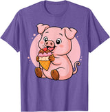 Funny Cute Pig Ice Cream Kawaii Design Pig Eating Ice Cream Graphic Boys Girls Pig Lover T-Shirt - Purple Heather