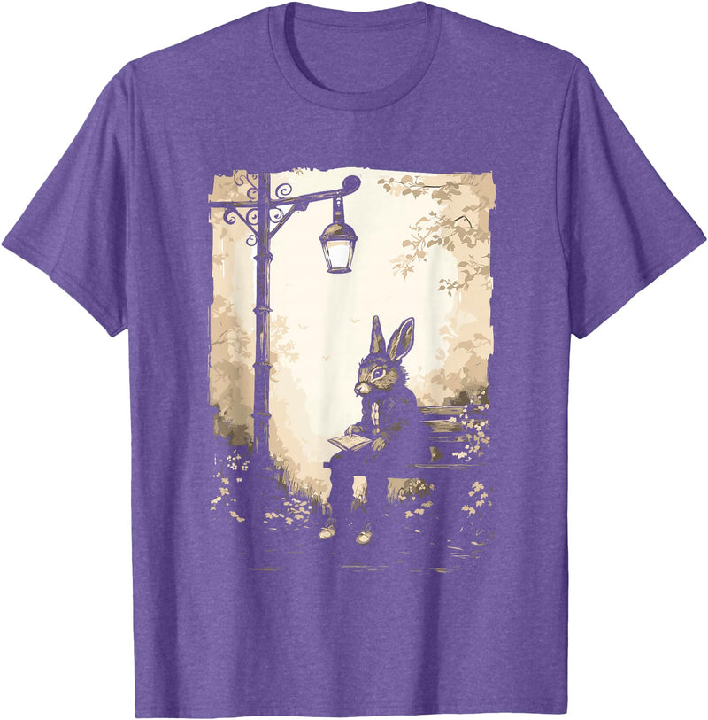 Rabbit with Book on Park Bench Bunny Lover, Men, Women, Kids T-Shirt in Purple Heather