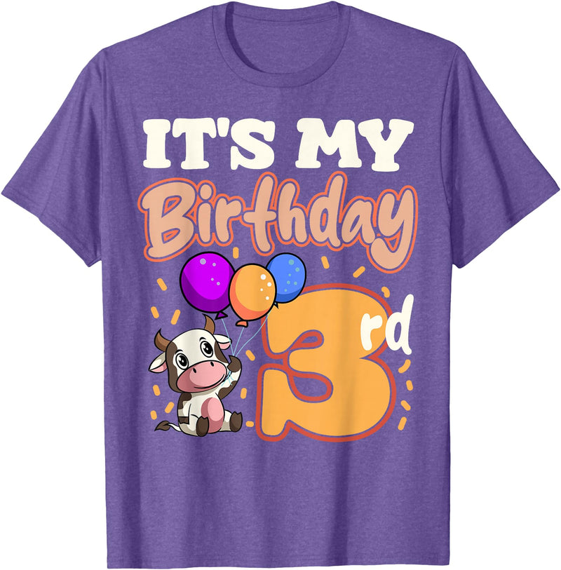 Cow Birthday 3 Party Farmyard Apparel Cow 3rd Birthday Party Balloons Moo Farm Animal Vet Barn T-Shirt - Purple Heather