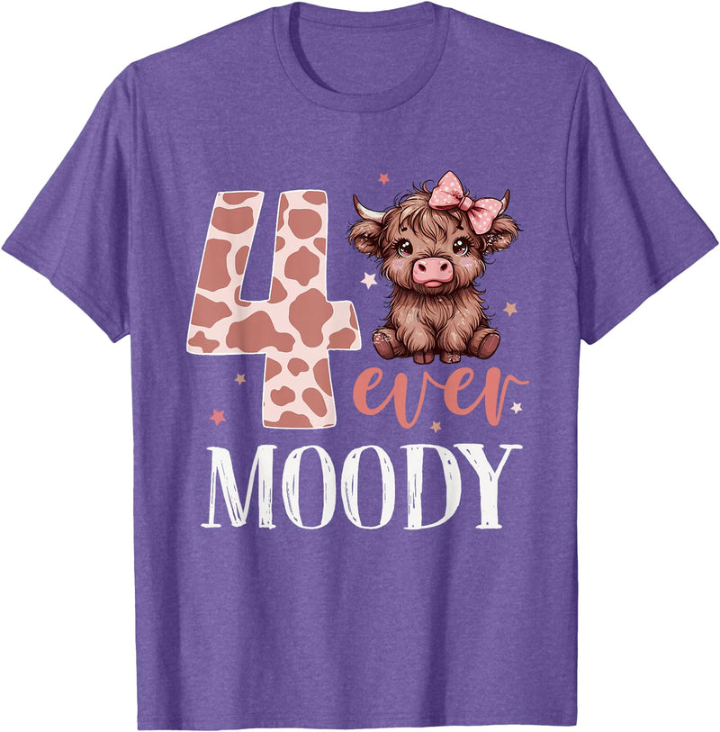Highland Cow Print 4 Year Old Girl Birthday Gifts 4 Ever Moody Scottish Highland Cow 4th Birthday Girl T-Shirt - Purple