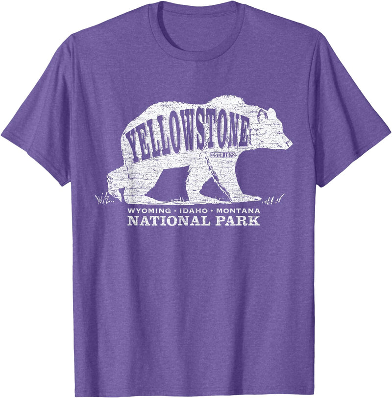 Vintage Yellowstone Retro Tees Tanks Tops Grizzly Bear Yellowstone National Park Est. 1872 T-Shirt - Purple Heather