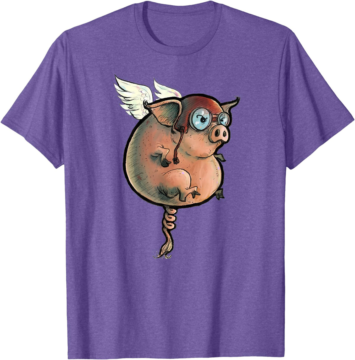 Logic Streetwear Flying Pig Funny Hand Drawn and Painted Art T-Shirt - Purple Heather
