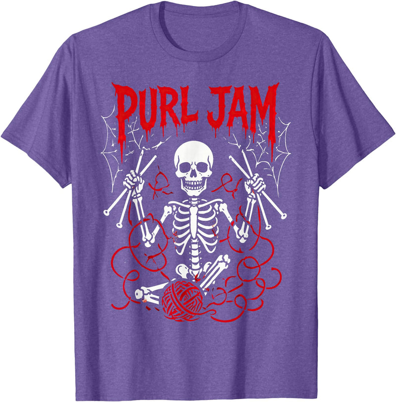 Bone Knitting Co. Purl Jam Skeleton Knitting Craft Lover Funny Design T-Shirt - Purple Heather