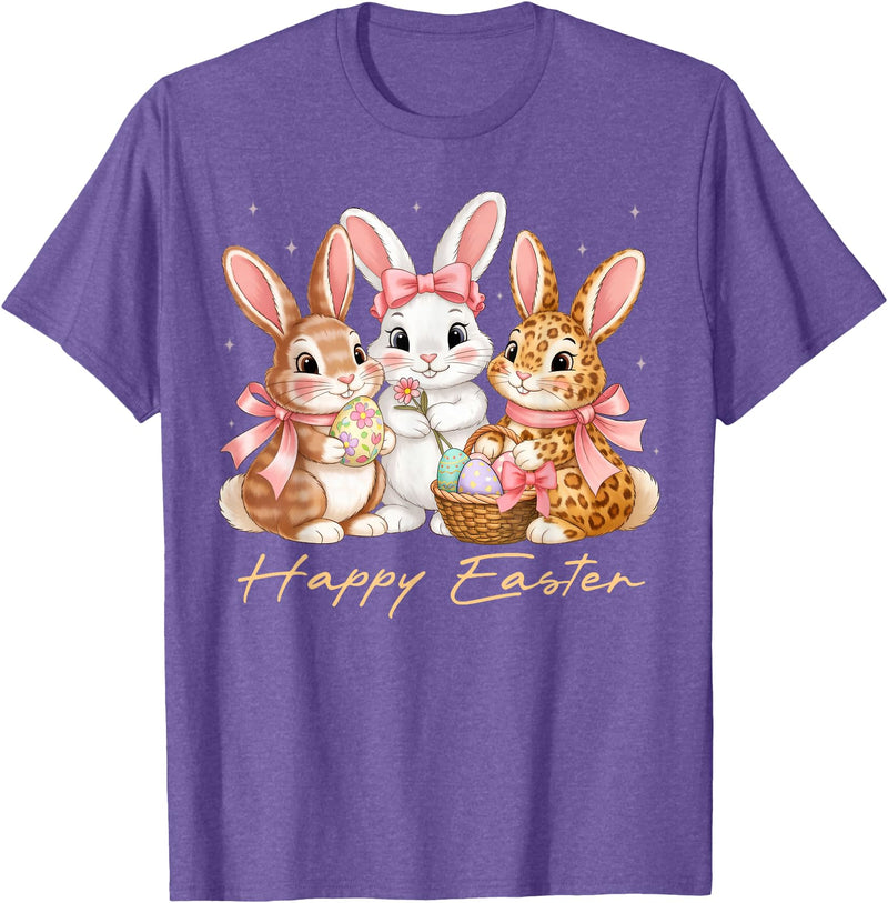 Happy Easter Women Girls Cute Bunny Rabbit Easter Day T-Shirt in Purple Heather