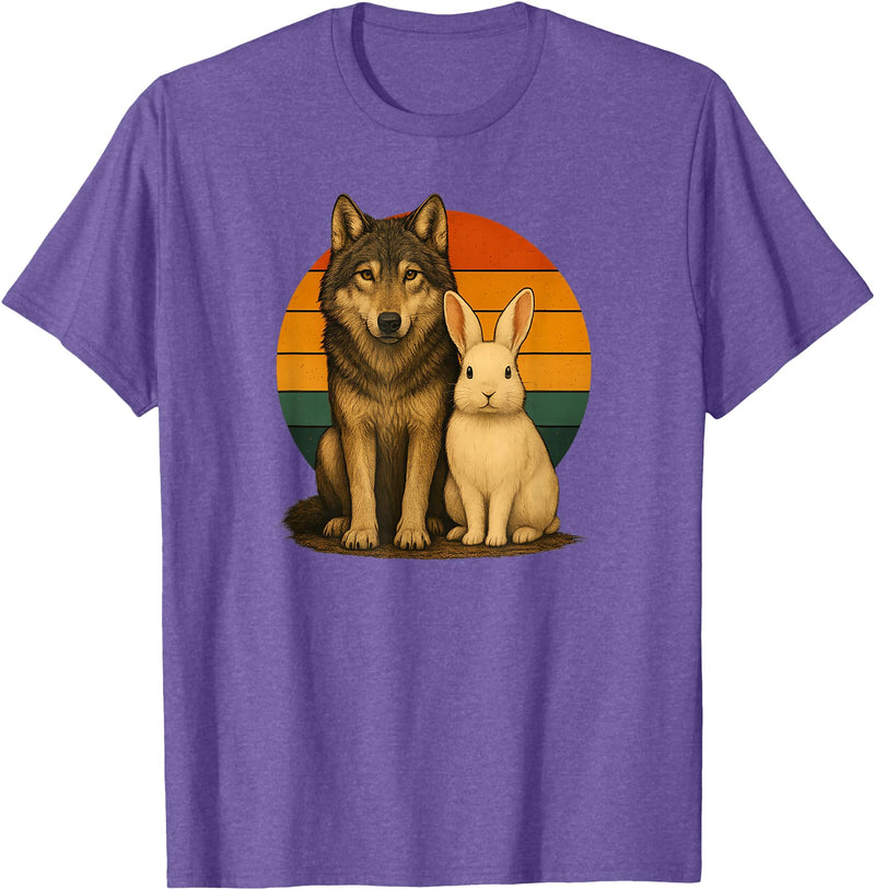 Wolf Rabbit Retro Animal Friends T-Shirt in Purple Heather
