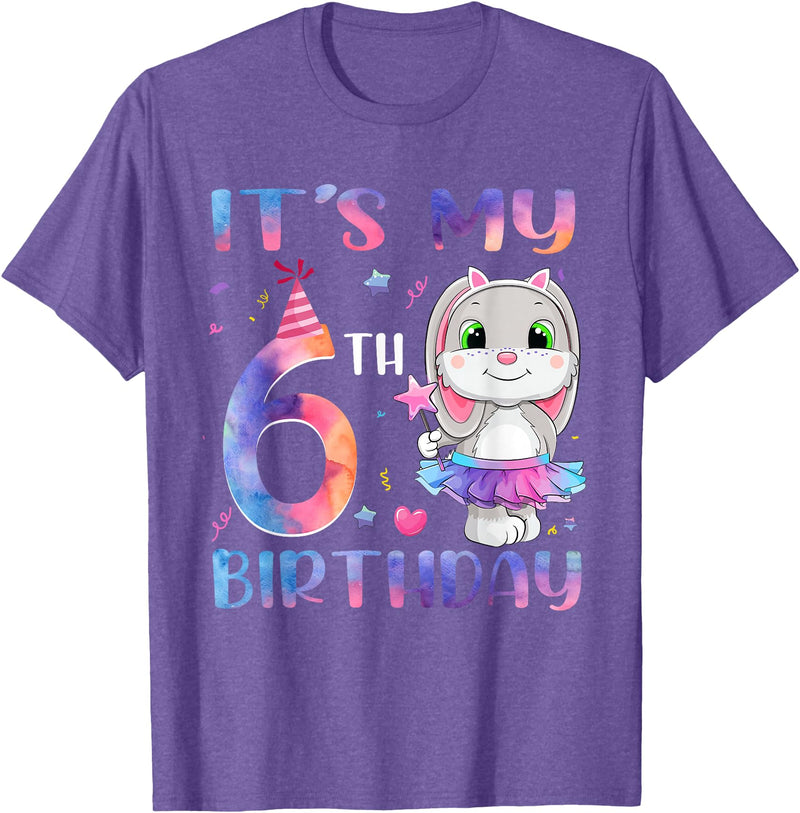 It's My 6th Birthday Bunny Rabbit 6 Years Old Boy Girl T-Shirt in Purple Heather