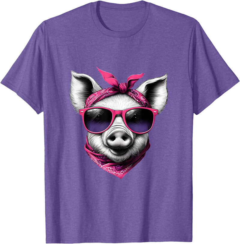 Fashionable Animals Wearing Pink Bandanas Pig Wearing A Pink Bandana Headband And Sunglasses T-Shirt - Purple Heather