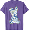 Cute Easter Toile Chinoiserie Blue Floral Bunny Coquette Bow T-Shirt in Purple Heather