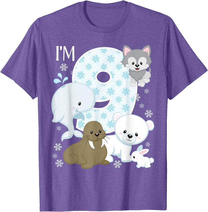 Arctic Animals Birthday Party Family Matching Bday Arctic Animals 9th Birthday Polar Bear Walrus Fox Sea Theme T-Shirt - Purple Heather