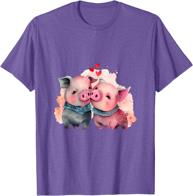 Unique Pig Lover Decor & Apparel Gifts Shop Two Loving Pigs In Love Heart Valentine's Day Pig T-Shirt - Purple Heather